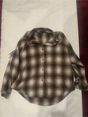Fashion Nova Brown Plaid Fringe Flannel Button-Down